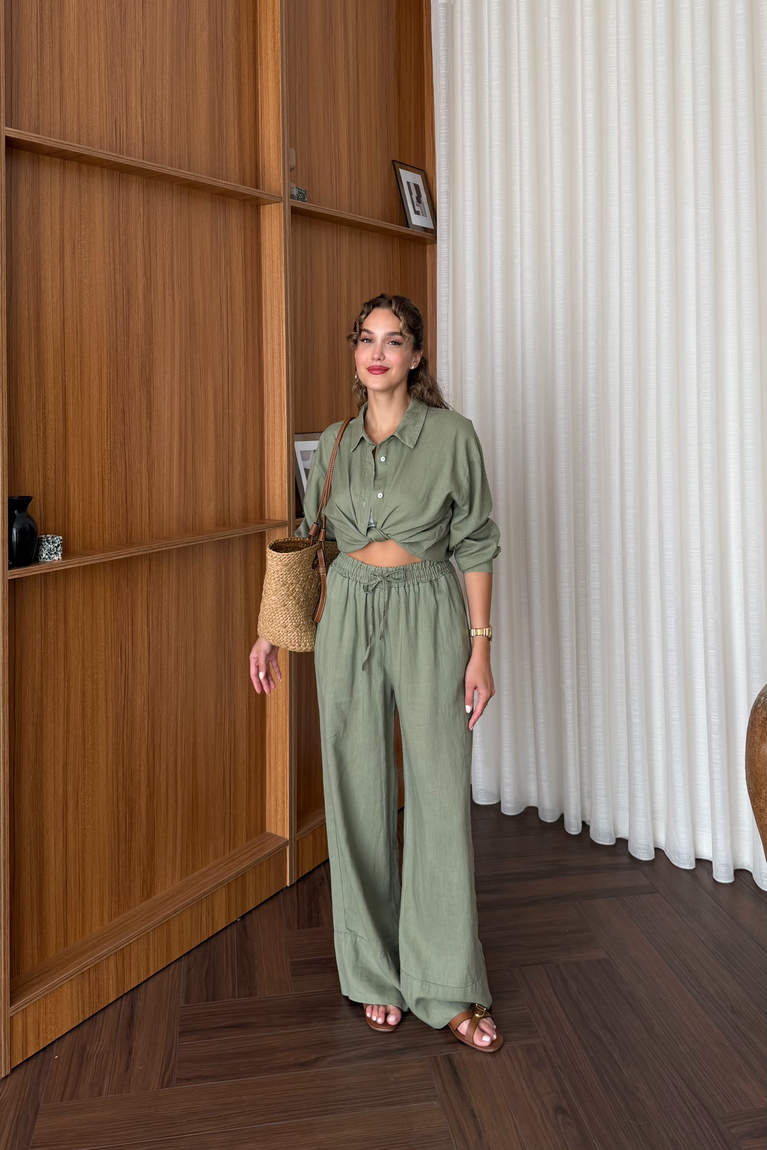 Premium Keten Pantolonlu Takım - HAKİ