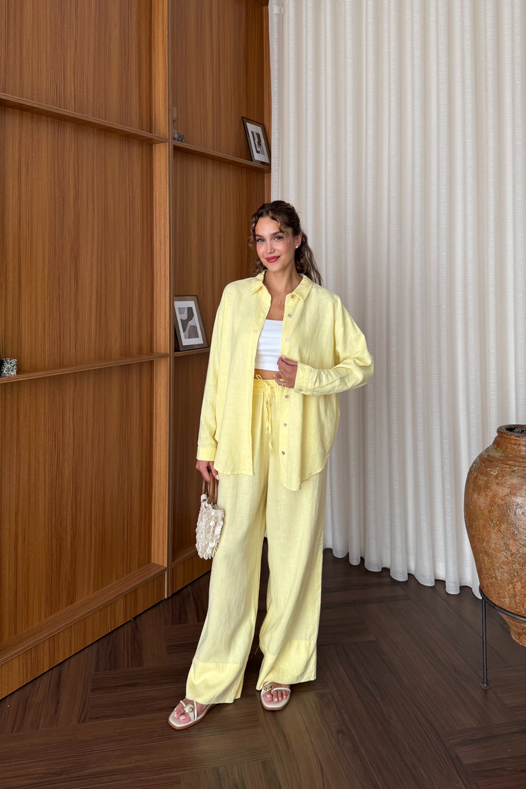 Premium Keten Pantolonlu Takım - SARI