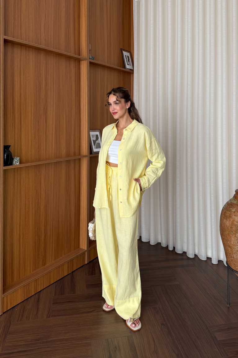 Premium Keten Pantolonlu Takım - SARI
