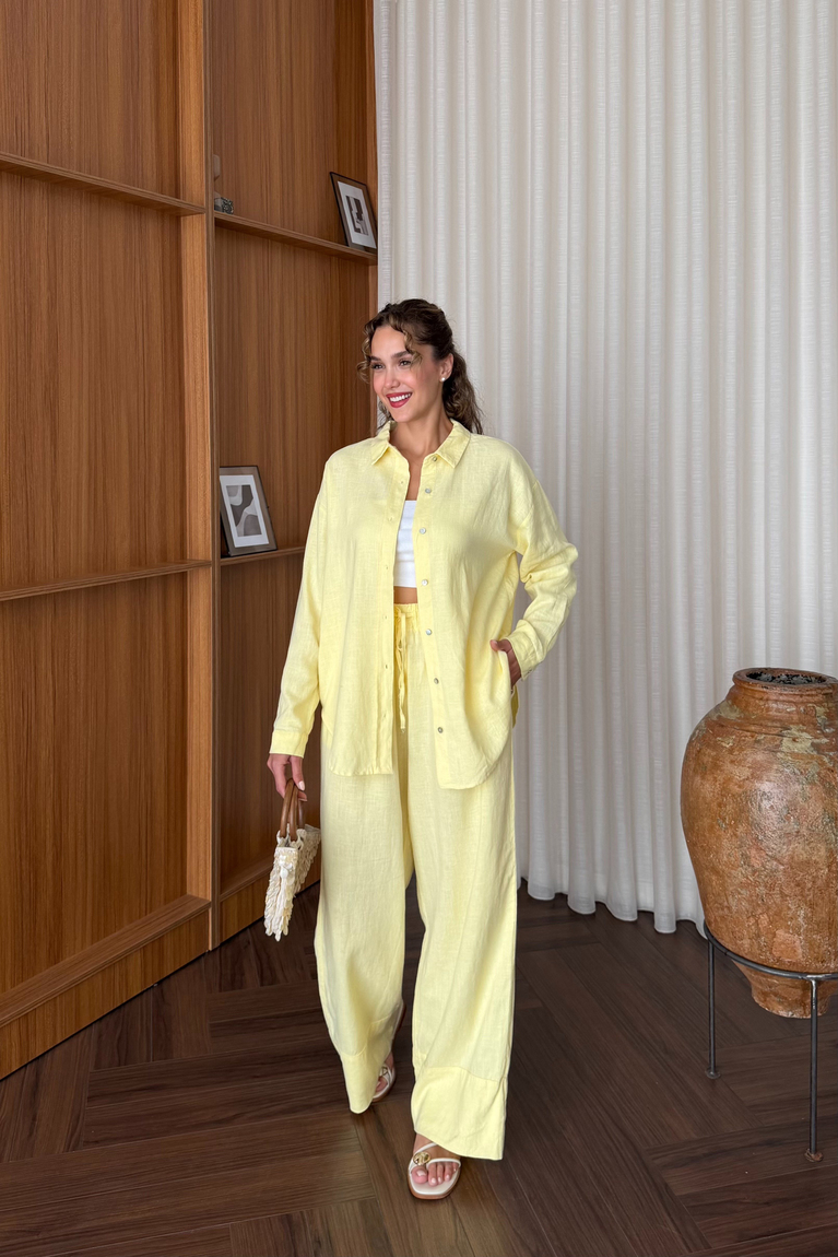 Premium Keten Pantolonlu Takım - SARI