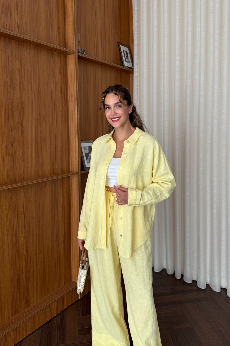 Premium Keten Pantolonlu Takım - SARI