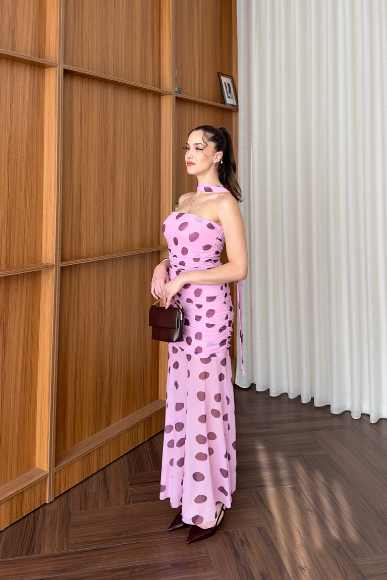 Puantiyeli Drapeli File Elbise - PEMBE