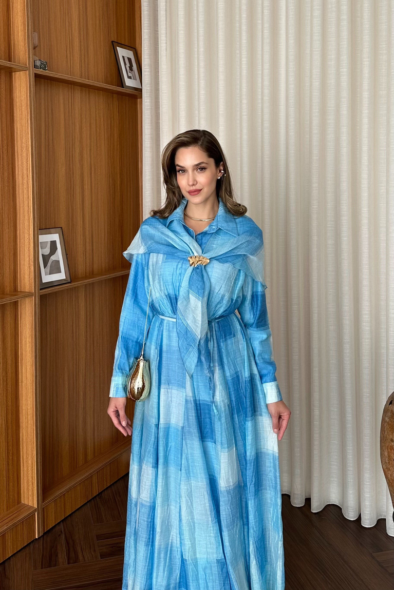 Şal Aksesuarlı Elbise - MAVİ
