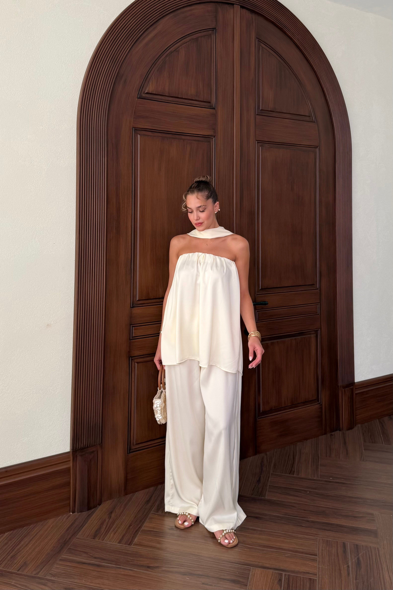 Straplez Saten Bluz Pantolon Takım - SARI