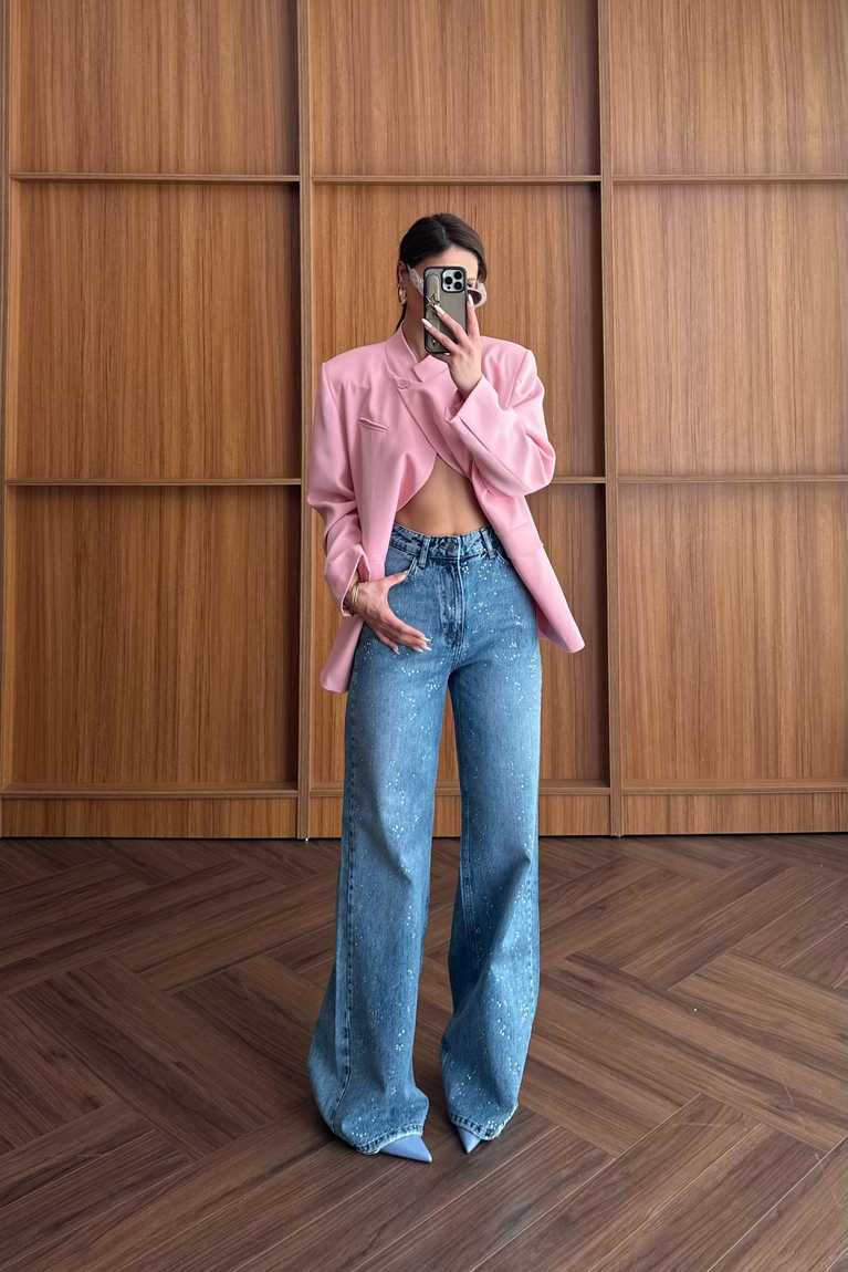 Taşlı Denim Palazzo Pantolon - MAVİ