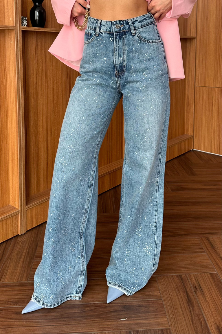 Taşlı Denim Palazzo Pantolon - MAVİ