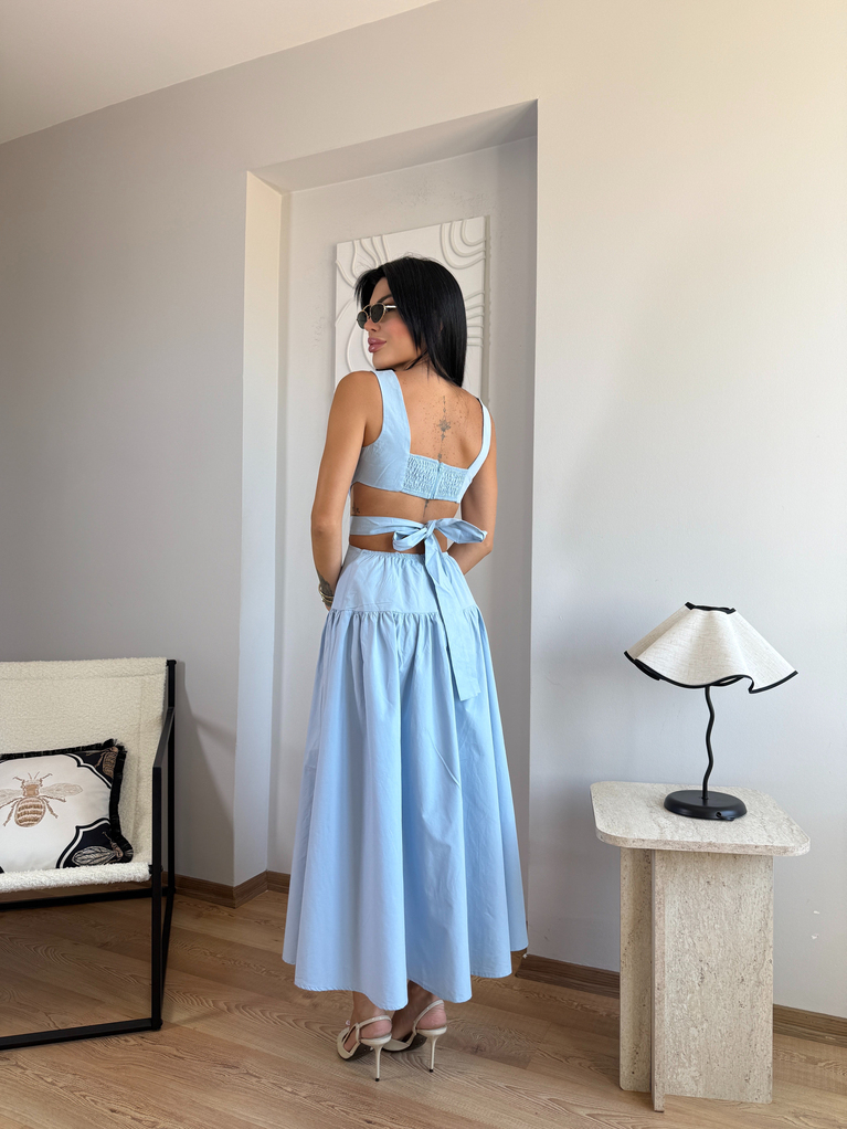 BEBE MAVİSİ TASARIM POPLİN SIRT DETAYLI ELBİSE