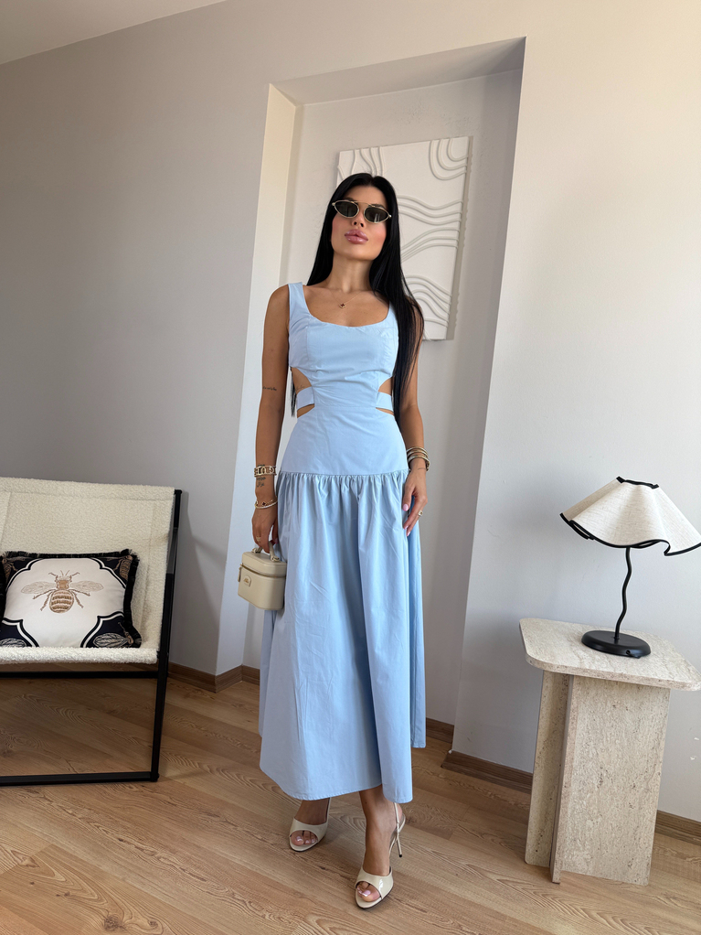 BEBE MAVİSİ TASARIM POPLİN SIRT DETAYLI ELBİSE