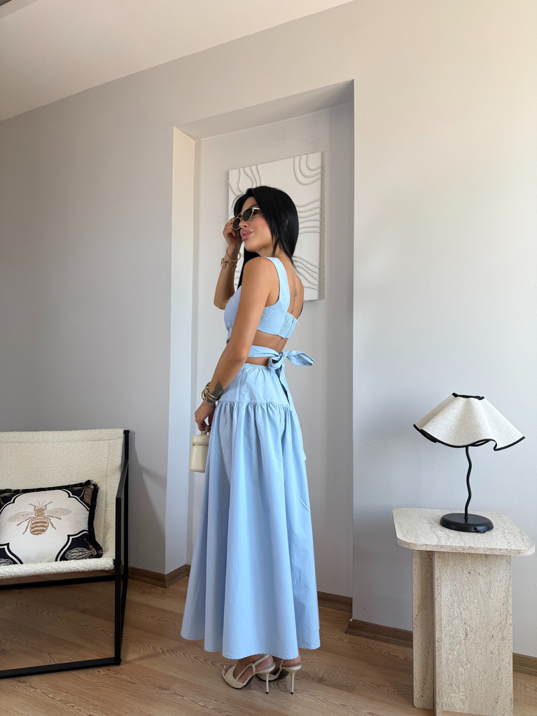 BEBE MAVİSİ TASARIM POPLİN SIRT DETAYLI ELBİSE
