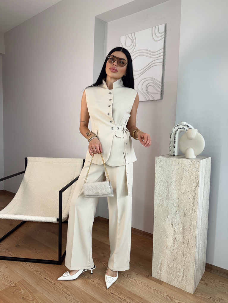 BEJ KUŞGÖZ DETAYLI YELEK PALAZZO TAKIM