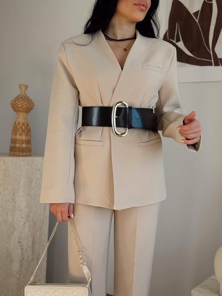 BEJ PREMİUM KEMERLİ BLAZER KUMAŞ PANTOLON TAKIM