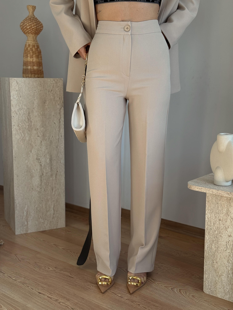 BEJ PREMİUM KEMERLİ BLAZER KUMAŞ PANTOLON TAKIM
