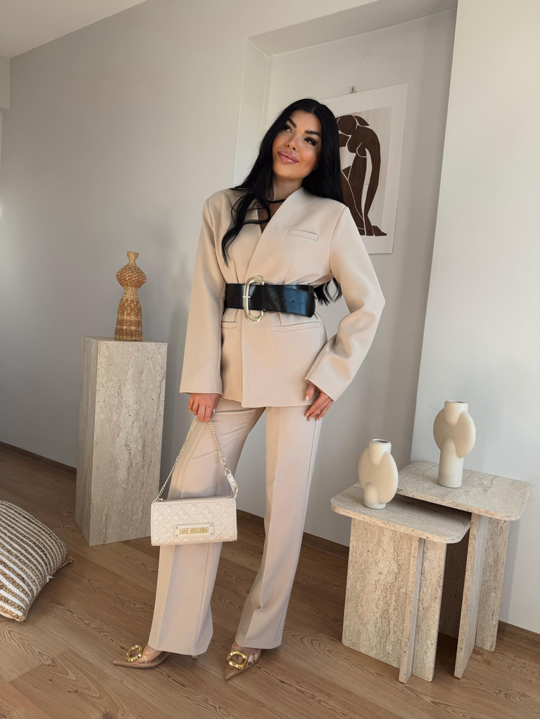 BEJ PREMİUM KEMERLİ BLAZER KUMAŞ PANTOLON TAKIM