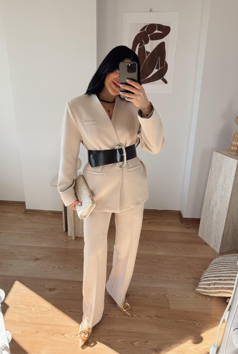 BEJ PREMİUM KEMERLİ BLAZER KUMAŞ PANTOLON TAKIM