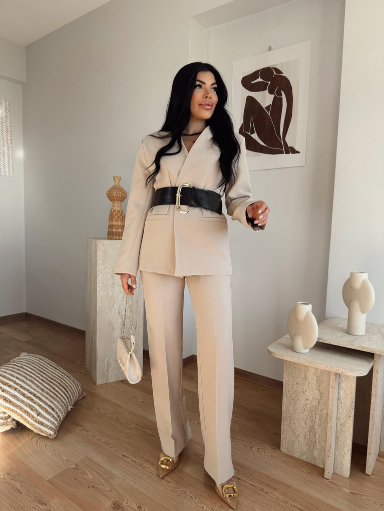 BEJ PREMİUM KEMERLİ BLAZER KUMAŞ PANTOLON TAKIM