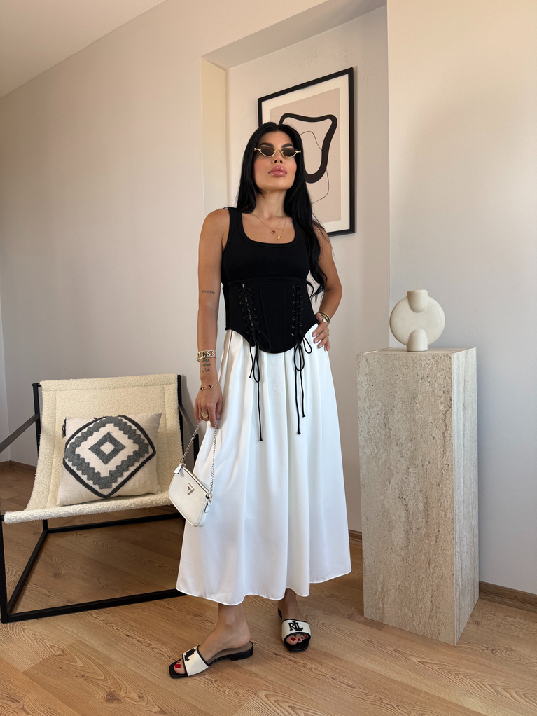 BEL SİYAH KORSE DETAYLI BEYAZ TASARIM ELBİSE