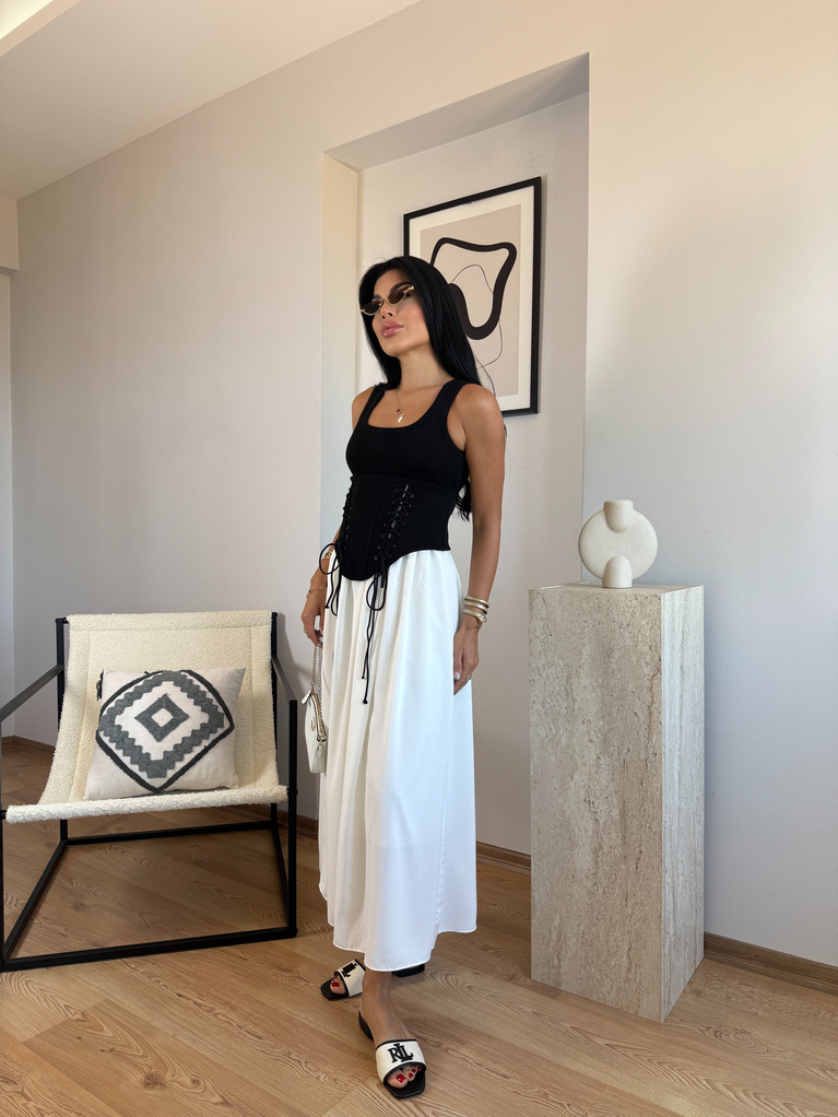 BEL SİYAH KORSE DETAYLI BEYAZ TASARIM ELBİSE