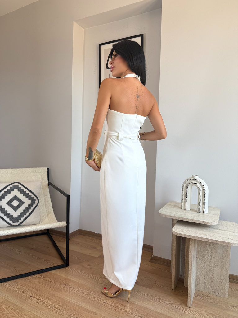 BEYAZ ANGEL BEL KEMER DETAYLI TASARIM CREP ELBİSE