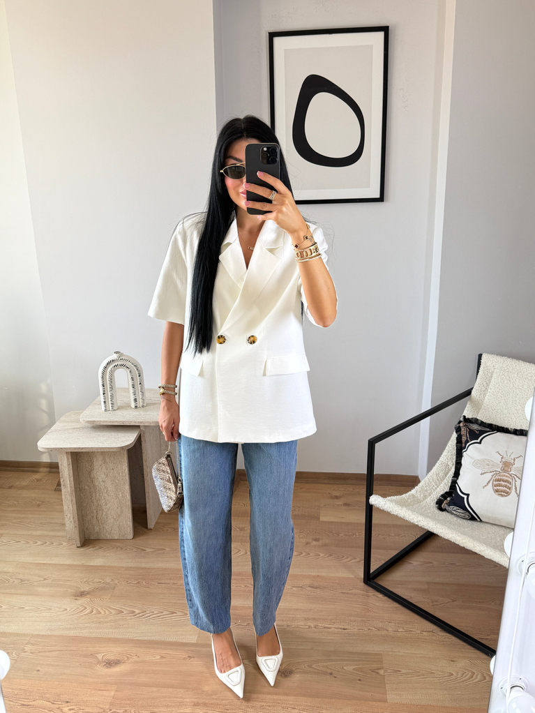 BEYAZ ASTARLI KISA KOL BLAZER KETEN