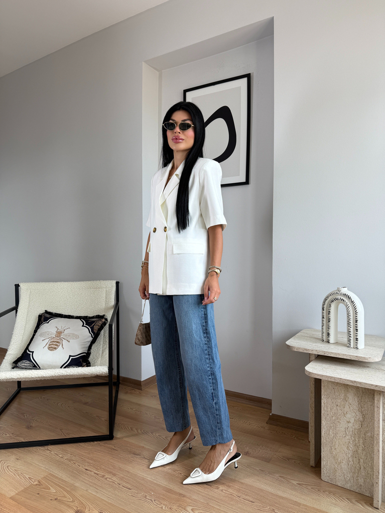 BEYAZ ASTARLI KISA KOL BLAZER KETEN