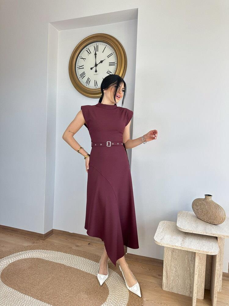 BORDO ASİMETRİK KESİM DAR KALIP ELBİSE