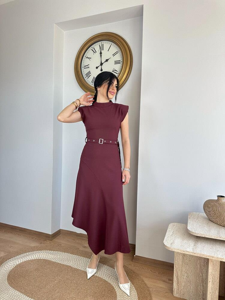 BORDO ASİMETRİK KESİM DAR KALIP ELBİSE
