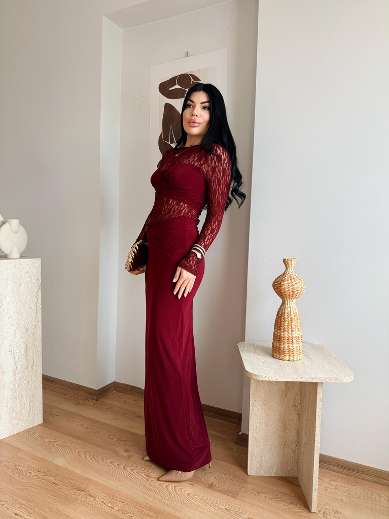 BORDO DANTEL DETAYLI UZUN ELBİSE