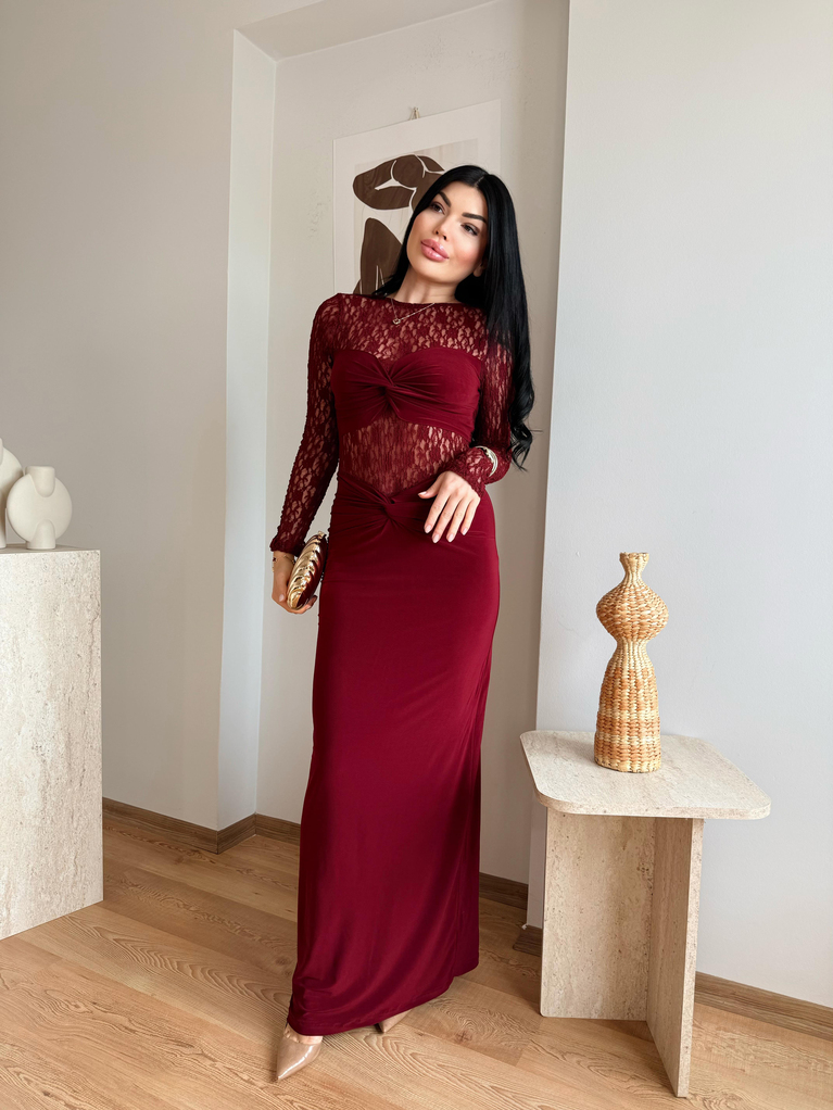 BORDO DANTEL DETAYLI UZUN ELBİSE