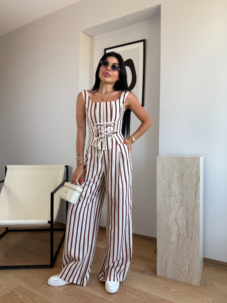 BORDO EKRU ÇİZGİLİ KORSE PALAZZO TAKIM 
