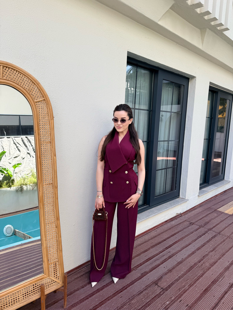 Bordo gold düğme detaylı yelek Palazzo TAKIM 