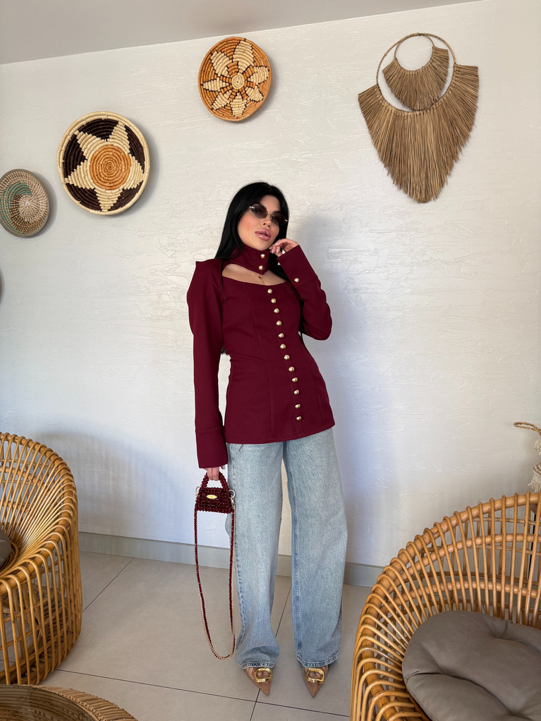 BORDO GOLD DÜĞMELER DETAYLI MİLLA BLUZ