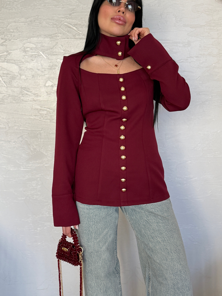 BORDO GOLD DÜĞMELER DETAYLI MİLLA BLUZ