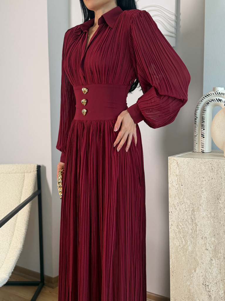 BORDO NCTRN BELDEN OTURMALI MAXİ ELBİSE