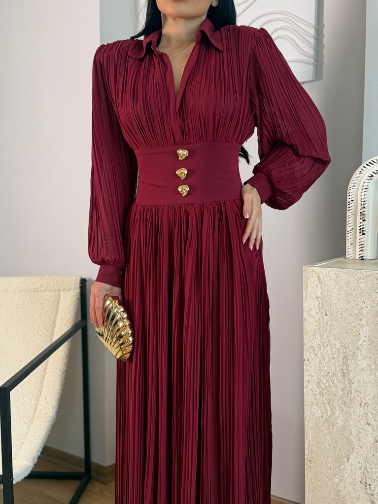 BORDO NCTRN BELDEN OTURMALI MAXİ ELBİSE