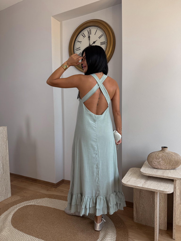 ÇAĞLA YEŞİLİ SIRT DETAYLI ELBİSE UZUN