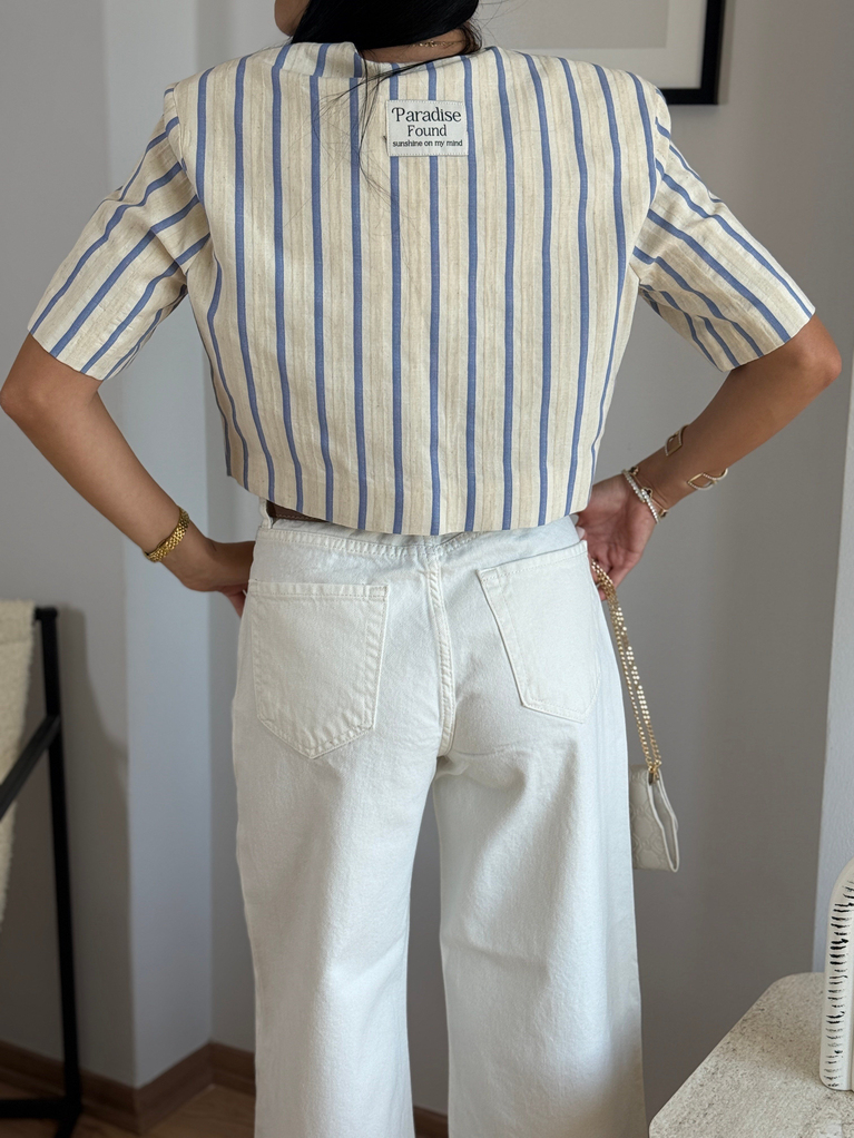 ÇİZGİLİ TEK DÜĞME KETEN CROP CEKET