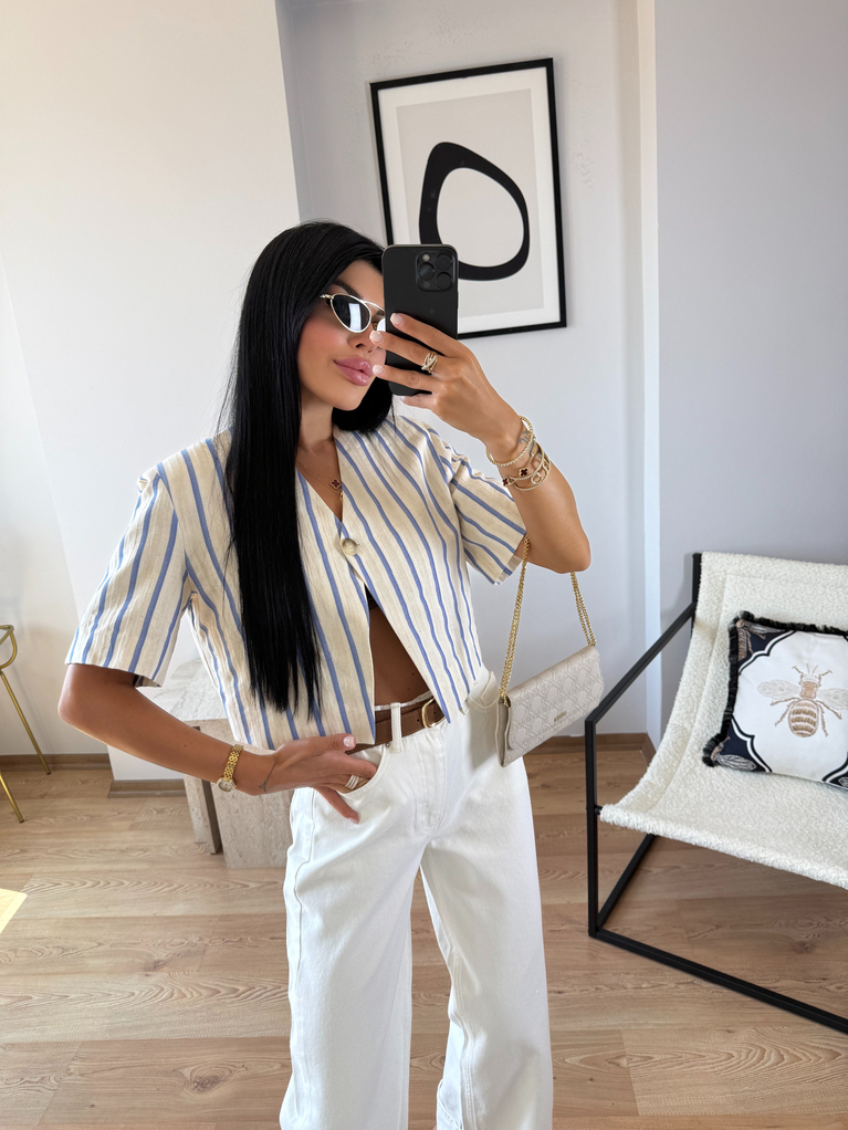 ÇİZGİLİ TEK DÜĞME KETEN CROP CEKET