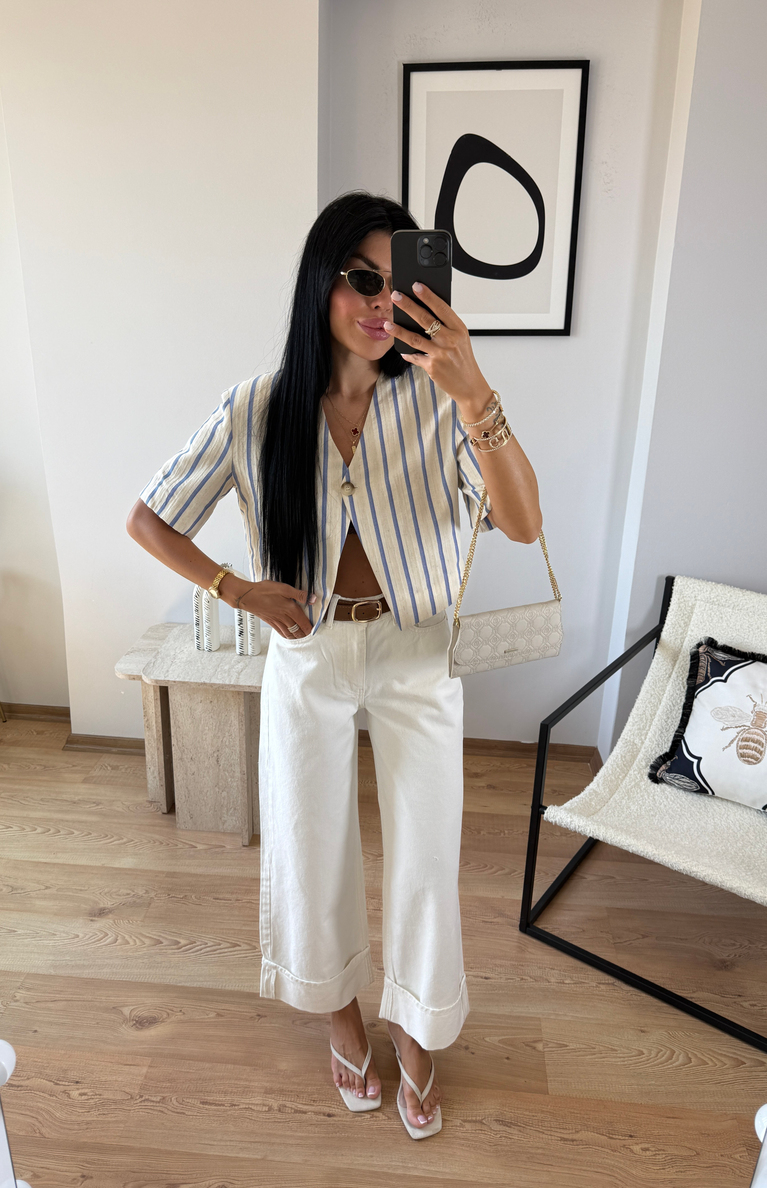 ÇİZGİLİ TEK DÜĞME KETEN CROP CEKET