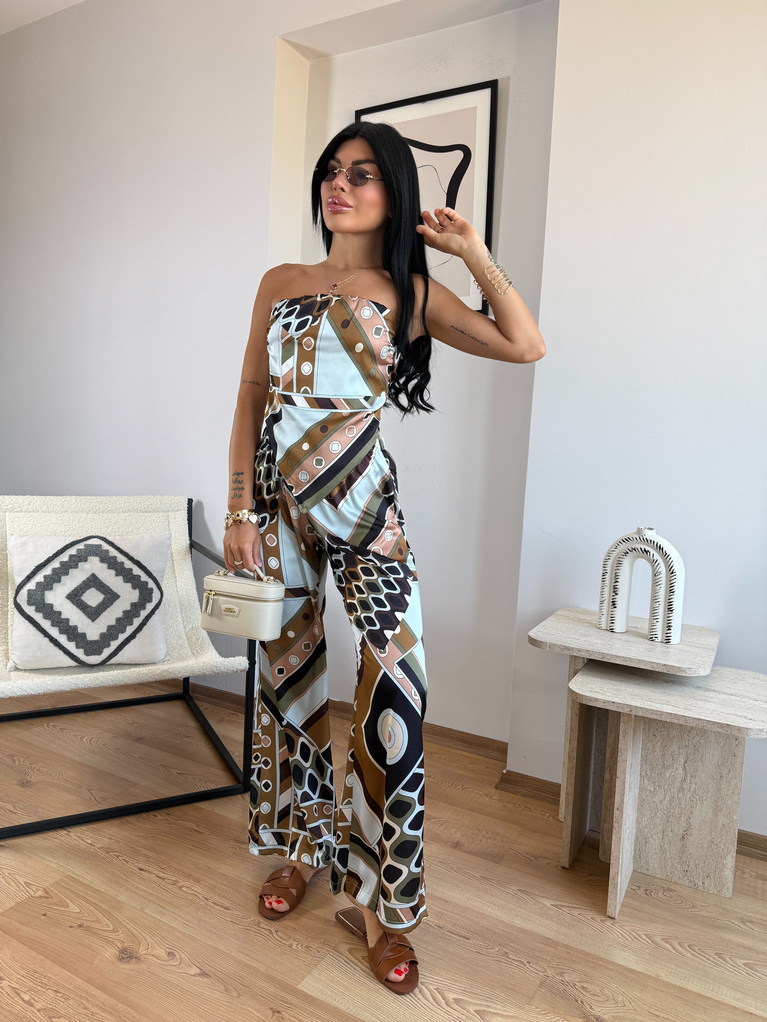 DESENLİ BAĞLAMA DETAYLI BLUZ PANTOLON SATEN TAKIM