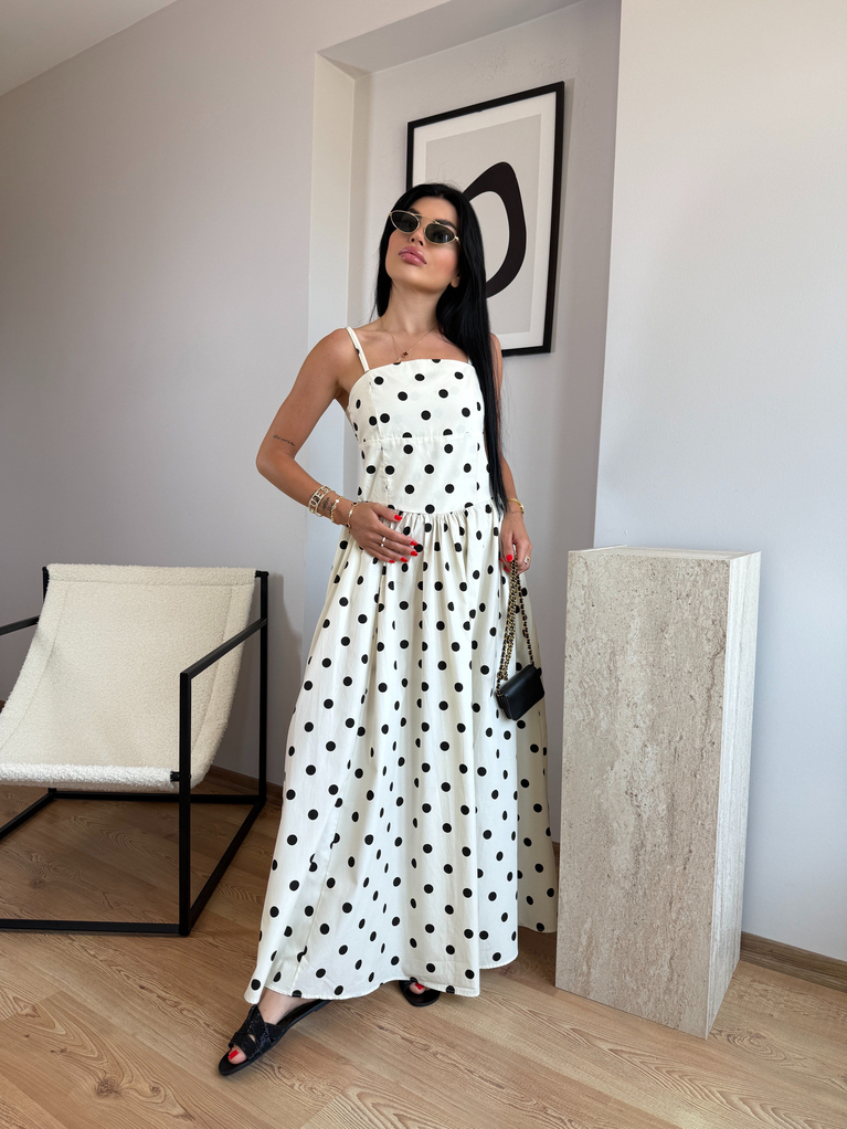 EKRU PUANTİYE BEL VE STRAPLEZ DETAYLI MAXİ POPLİN ELBİSE