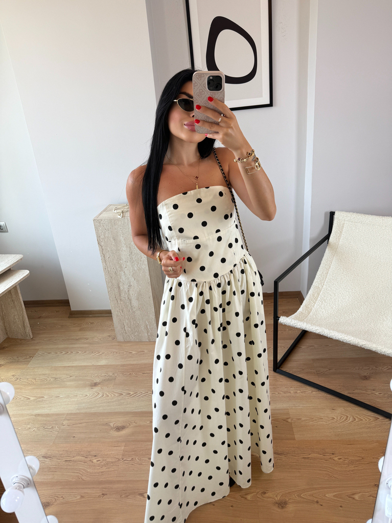 EKRU PUANTİYE BEL VE STRAPLEZ DETAYLI MAXİ POPLİN ELBİSE