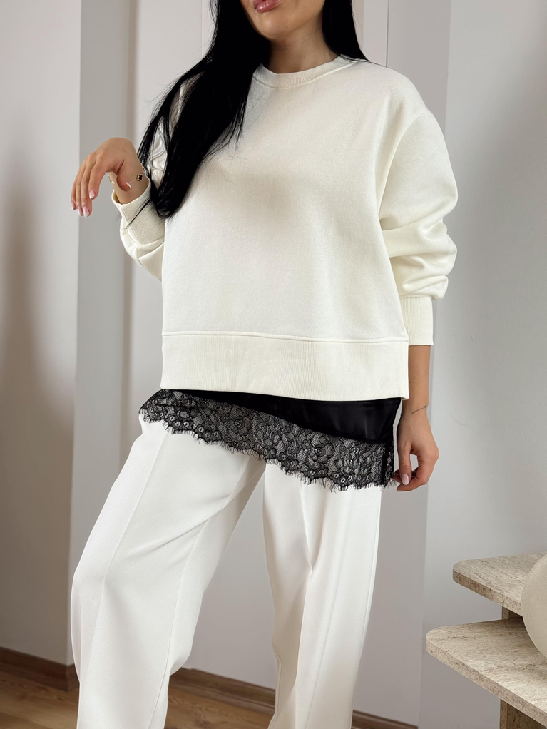 EKRU SATEN DANTEL DİKİM DETAYLI SWEAT