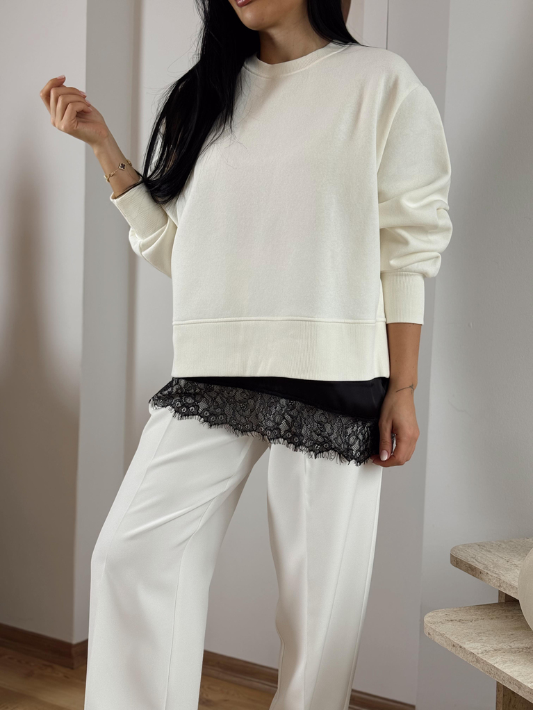 EKRU SATEN DANTEL DİKİM DETAYLI SWEAT