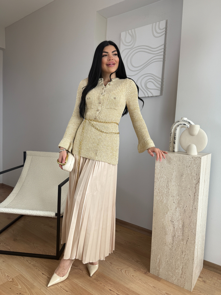 GOLD YALDIZLI TRİKO BEJ SATEN ETEK TAKIM