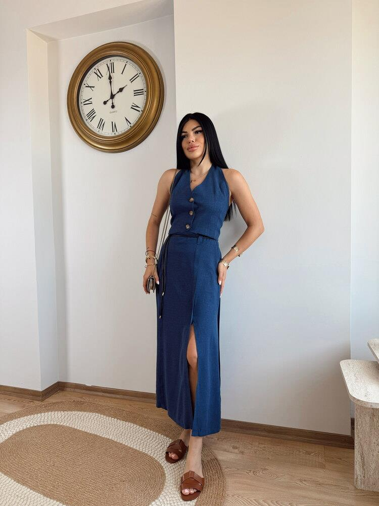 İNDİGO MAVİSİ KETEN YELEK YIRTMACLI ETEK TAKIM