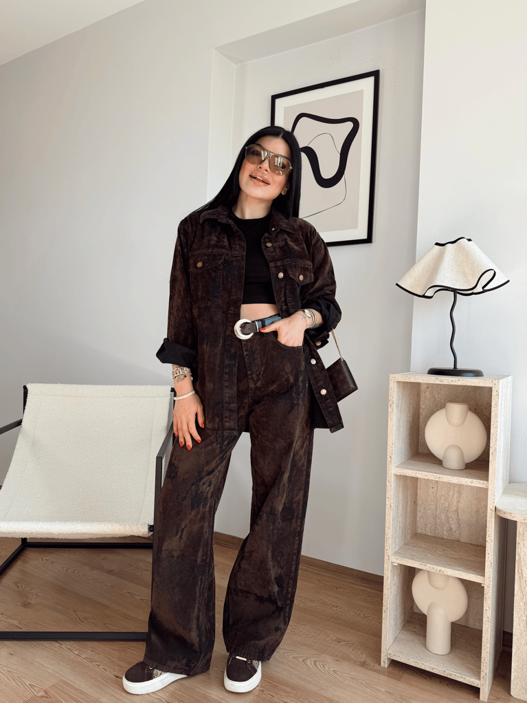 KADİFE KAHVE DESENLİ GÖMLEK PALAZZO TAKIM