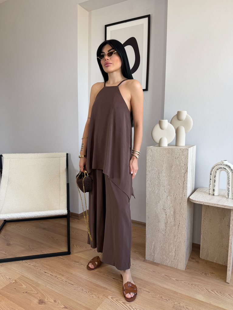 KAHVERENGİ DERİ ÖRGÜ ASKI DETAYLI SALAŞ TULUM