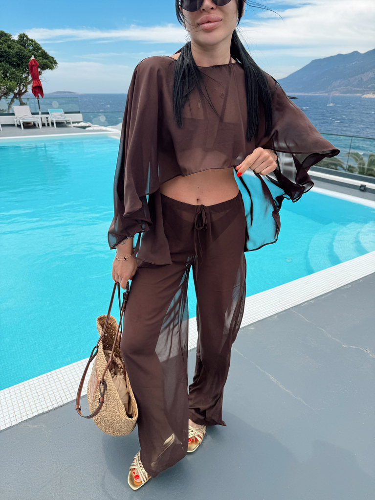 KAHVERENGİ ŞİFON BEACHWEAR PELERİN TAKIM 