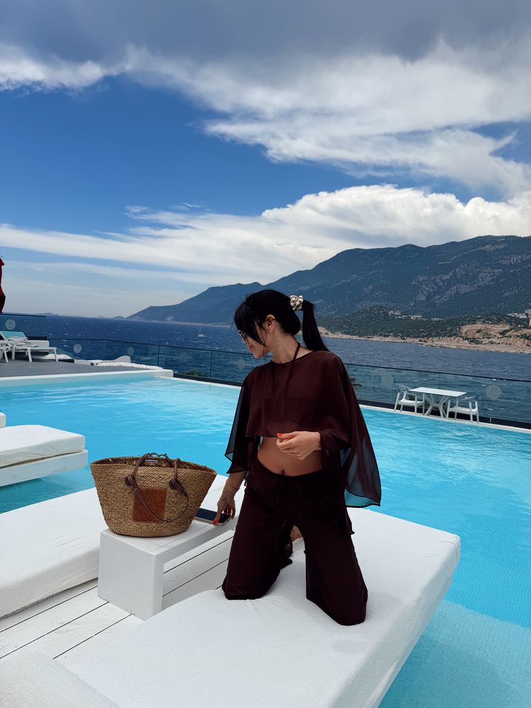 KAHVERENGİ ŞİFON BEACHWEAR PELERİN TAKIM 