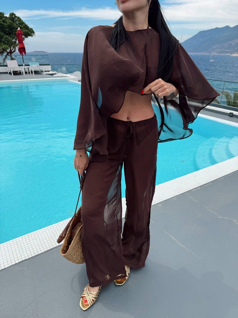 KAHVERENGİ ŞİFON BEACHWEAR PELERİN TAKIM 
